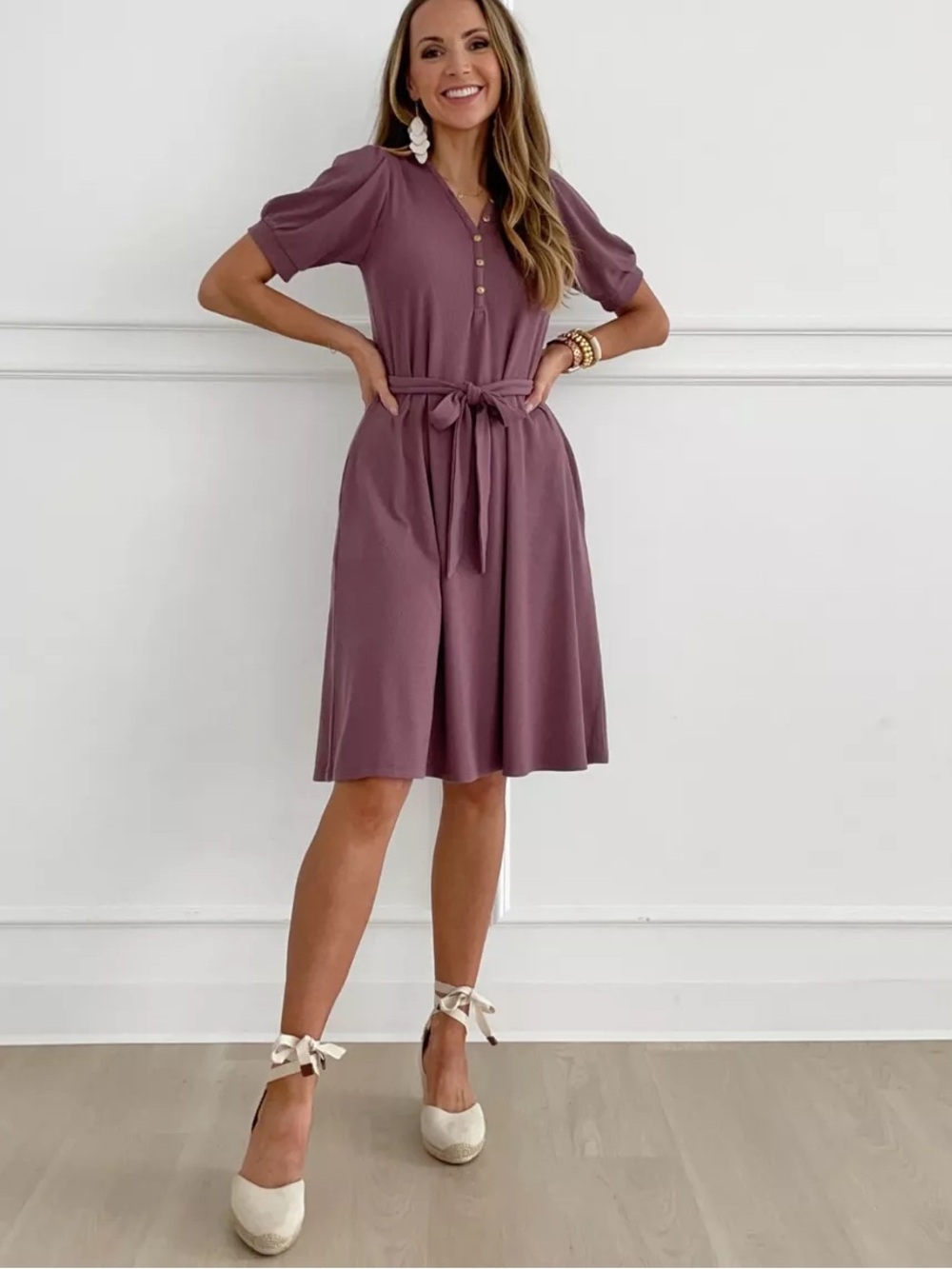 Merrick White Collection Anywhere Ribbed Henley Dress in Soft Plum